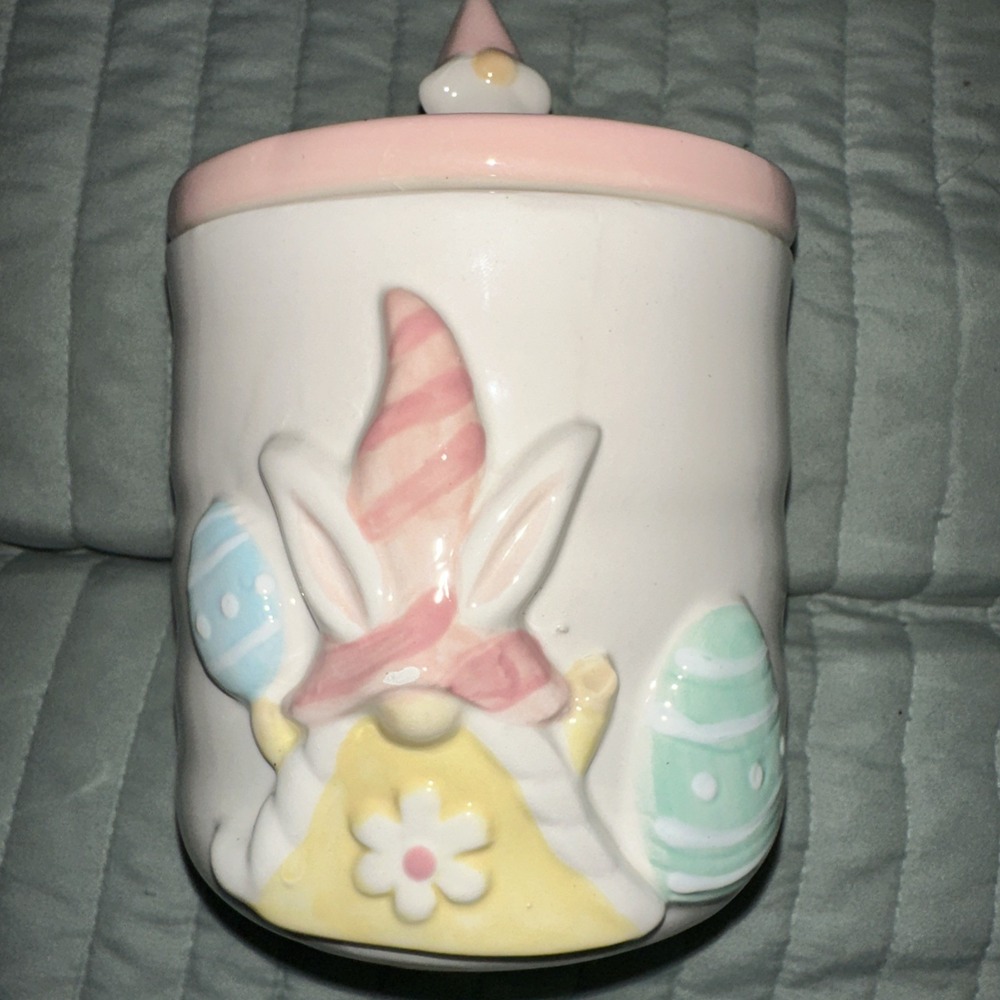 Carrot Patch‎ Cottage Easter Gnome 7x4in Ceramic Canister Lidded Pastel